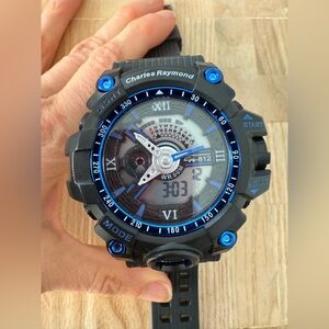 Charles Raymond mens black and blue digital and analog sport watch NEW BATTERY